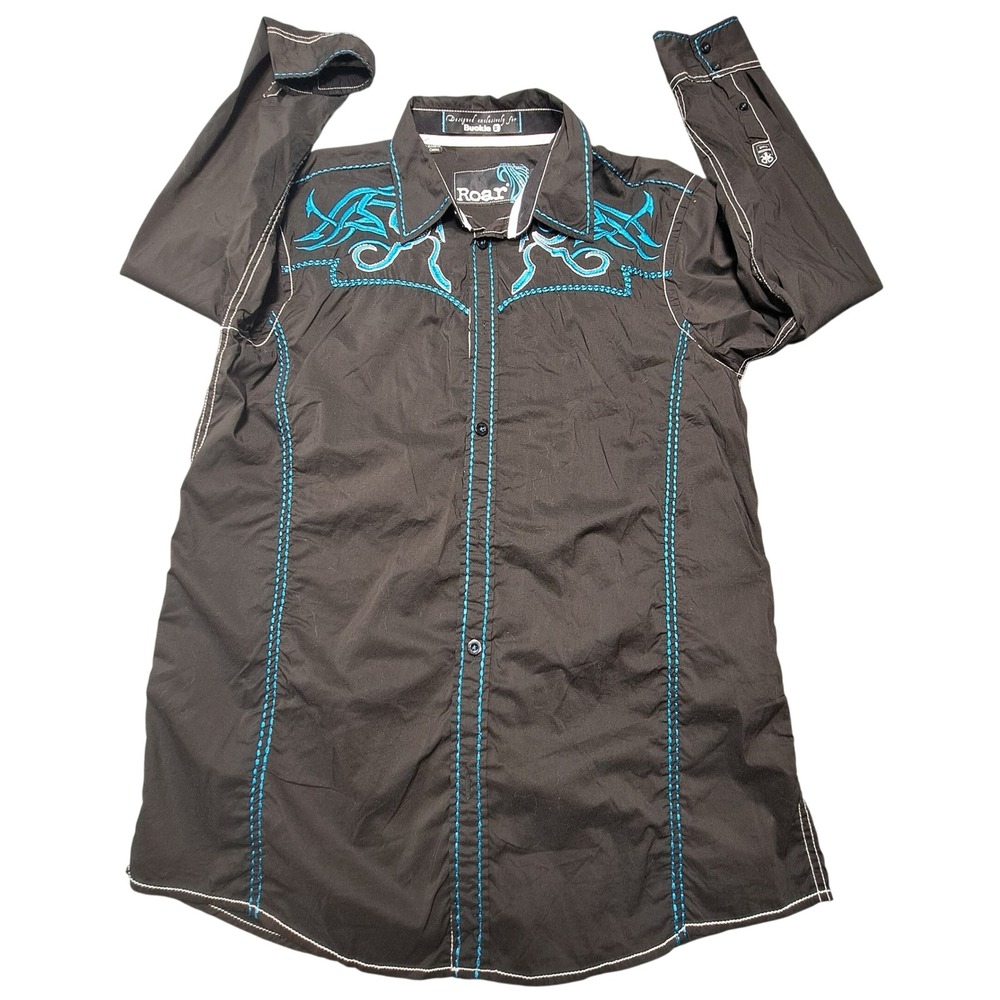Roar Buckle Mens Embroidered Western Button Down Shirt Black Turquoise Tribal XL